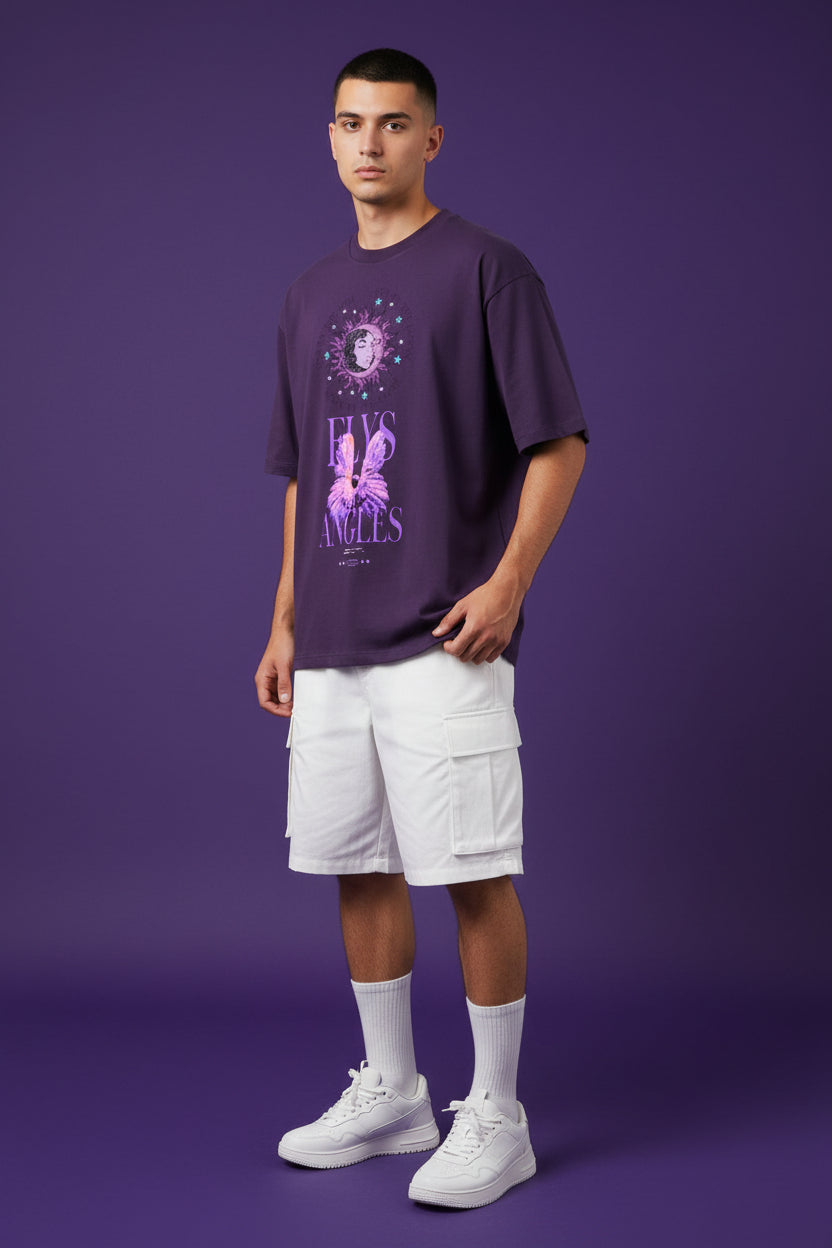 ZotRage purple heavyweight cotton oversized t-shirt featuring a celestial sun and moon graphic with angel wings