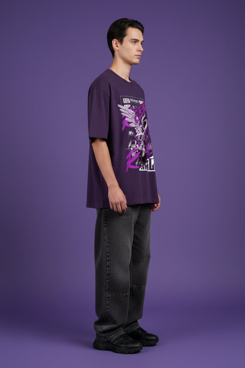 ZotRage purple heavyweight cotton oversized t-shirt featuring a graphic print of an angel with wings and text.