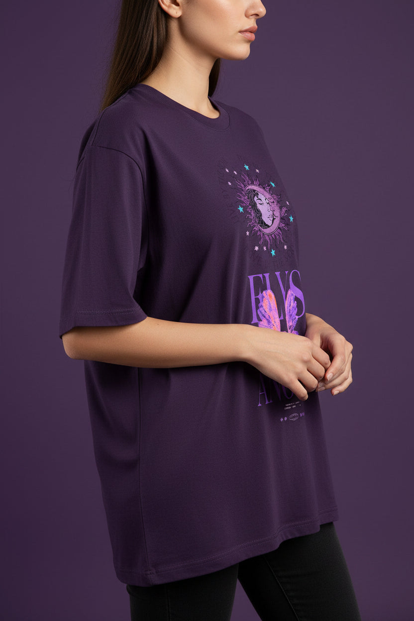 ZotRage purple heavyweight cotton oversized t-shirt featuring a celestial sun and moon graphic with angel wings