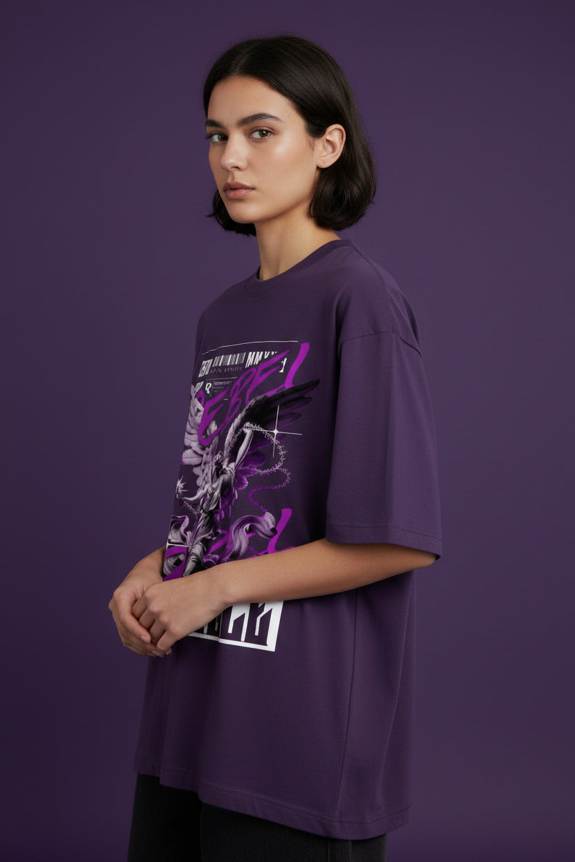 ZotRage purple heavyweight cotton oversized t-shirt featuring a graphic print of an angel with wings and text.