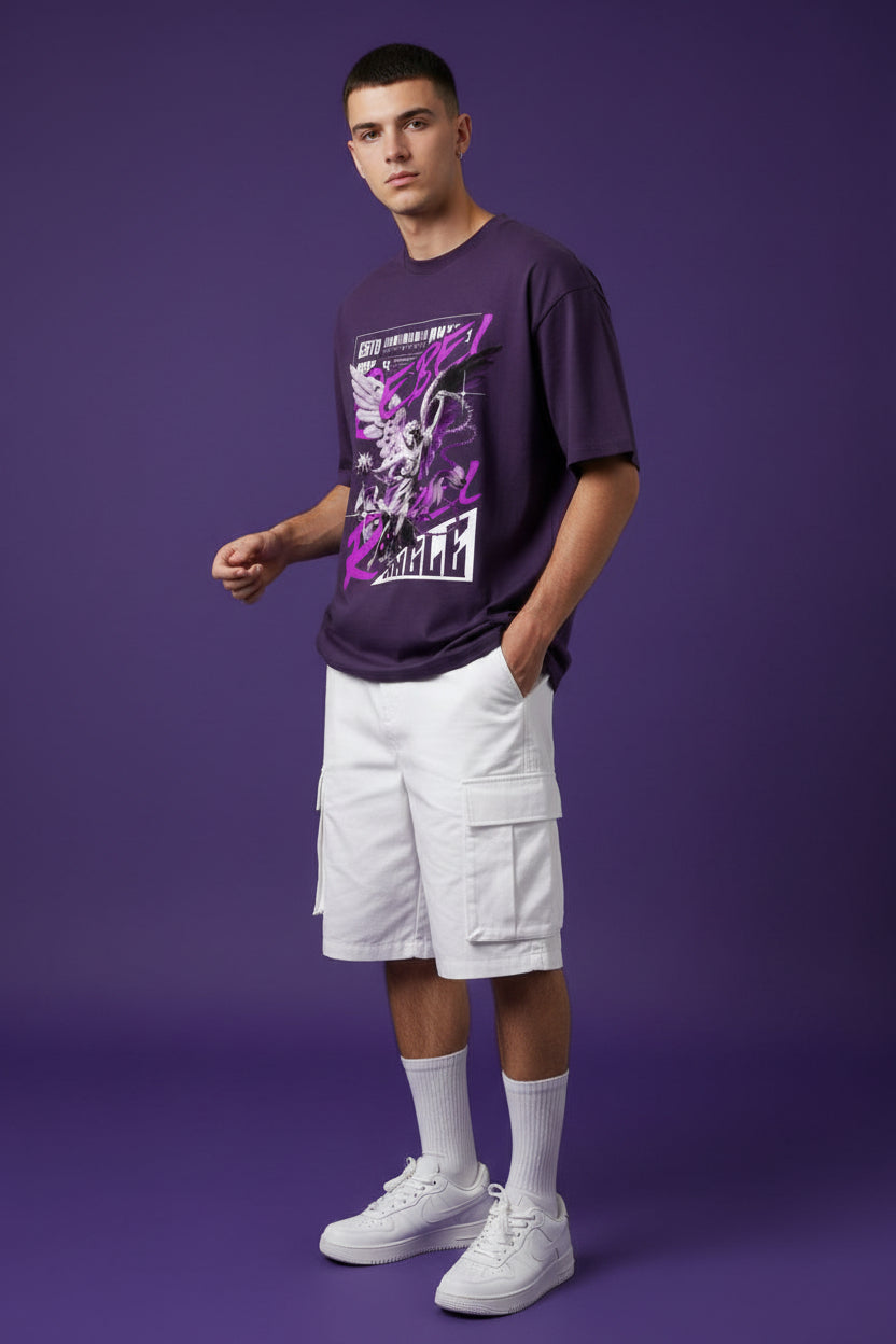 ZotRage purple heavyweight cotton oversized t-shirt featuring a graphic print of a winged angel and Rebel text