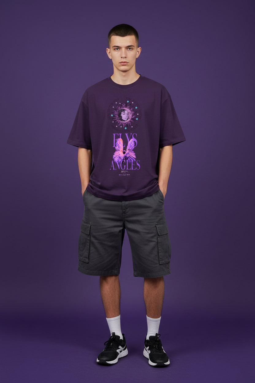 ZotRage purple heavyweight cotton oversized t-shirt with celestial sun and moon graphic and Fly Angel text print