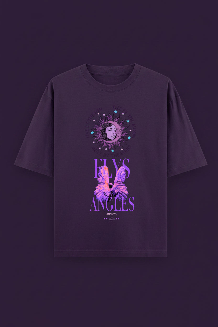 ZotRage purple heavyweight cotton oversized t-shirt with celestial sun and moon graphic and Fly Angel text print