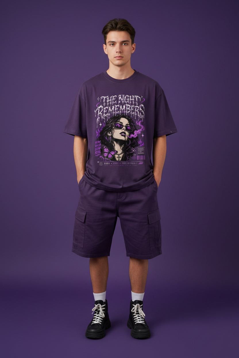 ZotRage purple heavyweight cotton oversized t-shirt featuring a graphic print of a woman with a butterfly