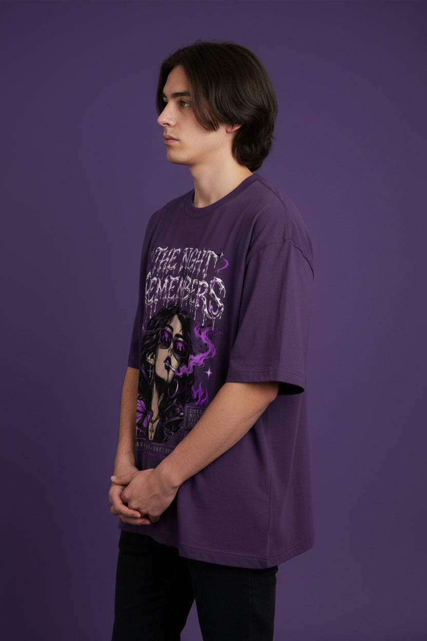 ZotRage purple heavyweight cotton oversized t-shirt featuring a graphic print of a woman with a butterfly.