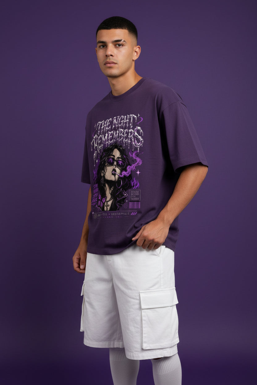 ZotRage purple heavyweight cotton oversized t-shirt featuring a graphic print of a woman with a butterfly