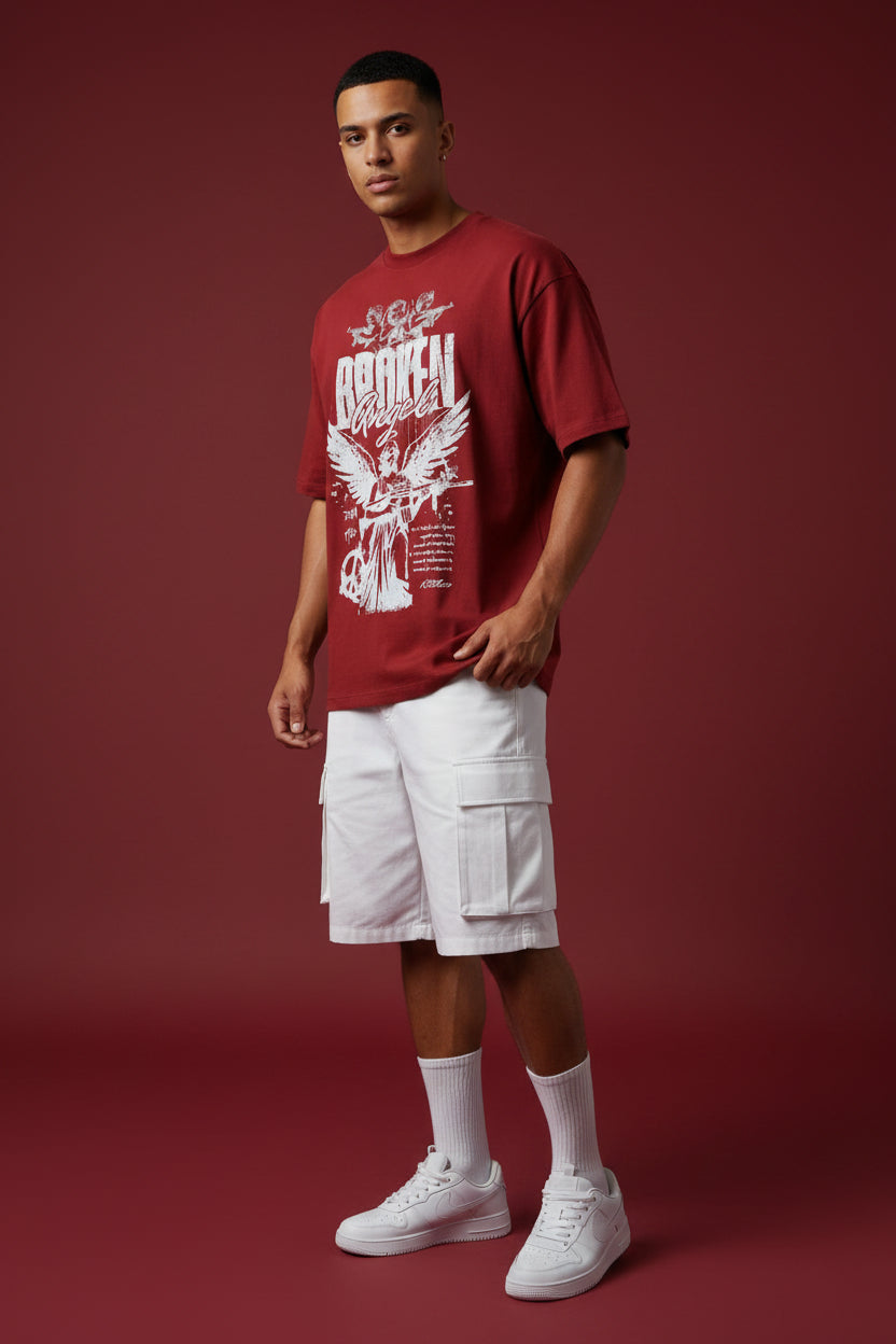 ZotRage red heavyweight cotton oversized t-shirt with white Broken Angel graphic print and drop shoulders
