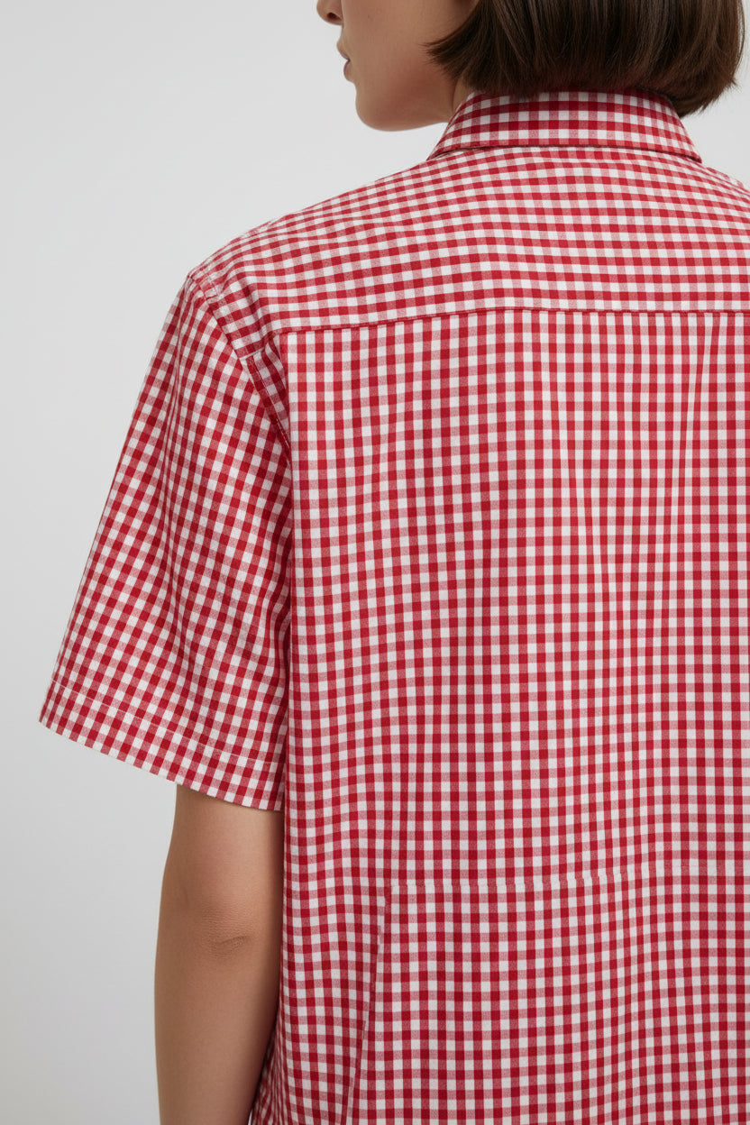 Back view of a ZotRage red and white gingham check short-sleeve Oxford shirt with a relaxed boxy fit.