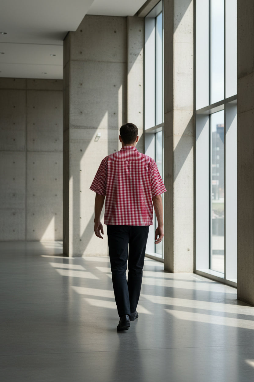 ZotRage red and white gingham check short sleeve Oxford shirt with a boxy fit, shown from the back.