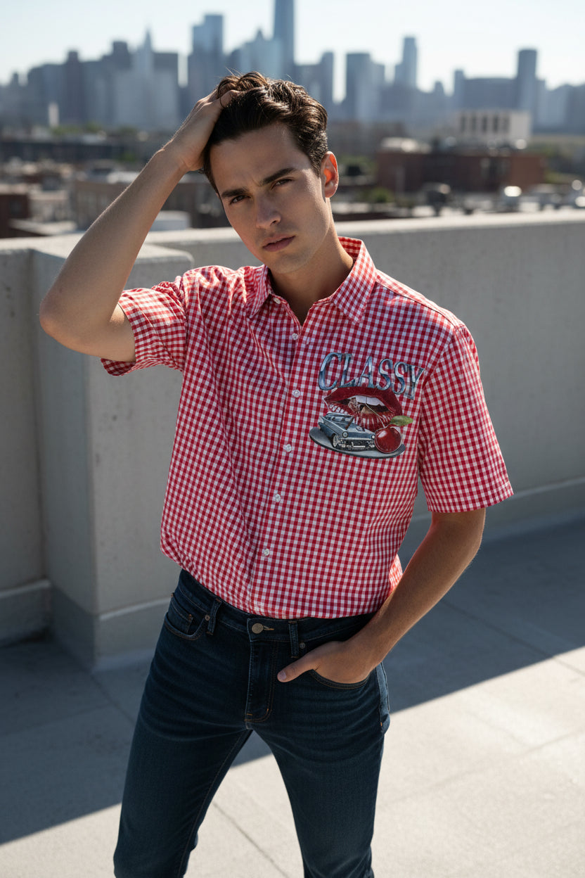 ZotRage red and white gingham boxy Oxford shirt with a graphic print of lips, a vintage car, and a cherry.