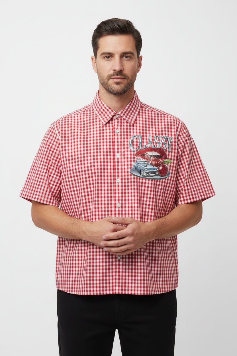 ZotRage red and white gingham boxy Oxford shirt with a graphic print of lips, a vintage car, and a cherry.
