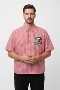 ZotRage red and white gingham boxy Oxford shirt with a graphic print of lips, a vintage car, and a cherry.