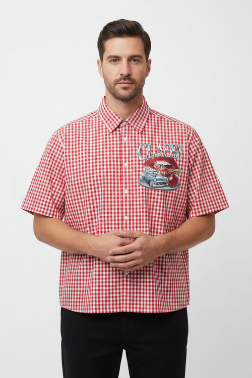 ZotRage red and white gingham boxy Oxford shirt with a graphic print of lips, a vintage car, and a cherry.