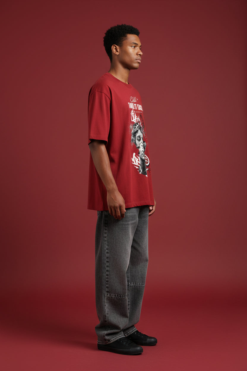 ZotRage red oversized cotton t-shirt featuring a graphic print of a classical statue head and Take It Easy text