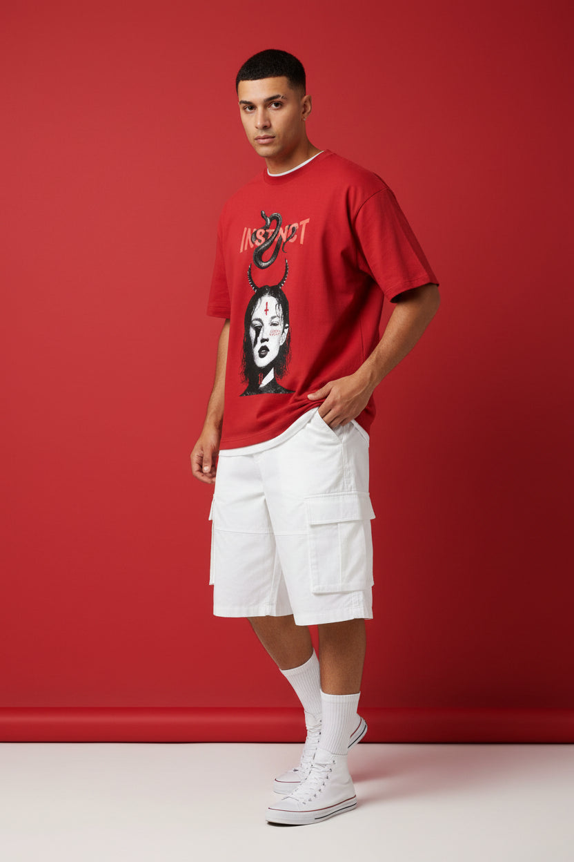 ZotRage red oversized streetwear t-shirt featuring a graphic print of a woman with horns and a snake