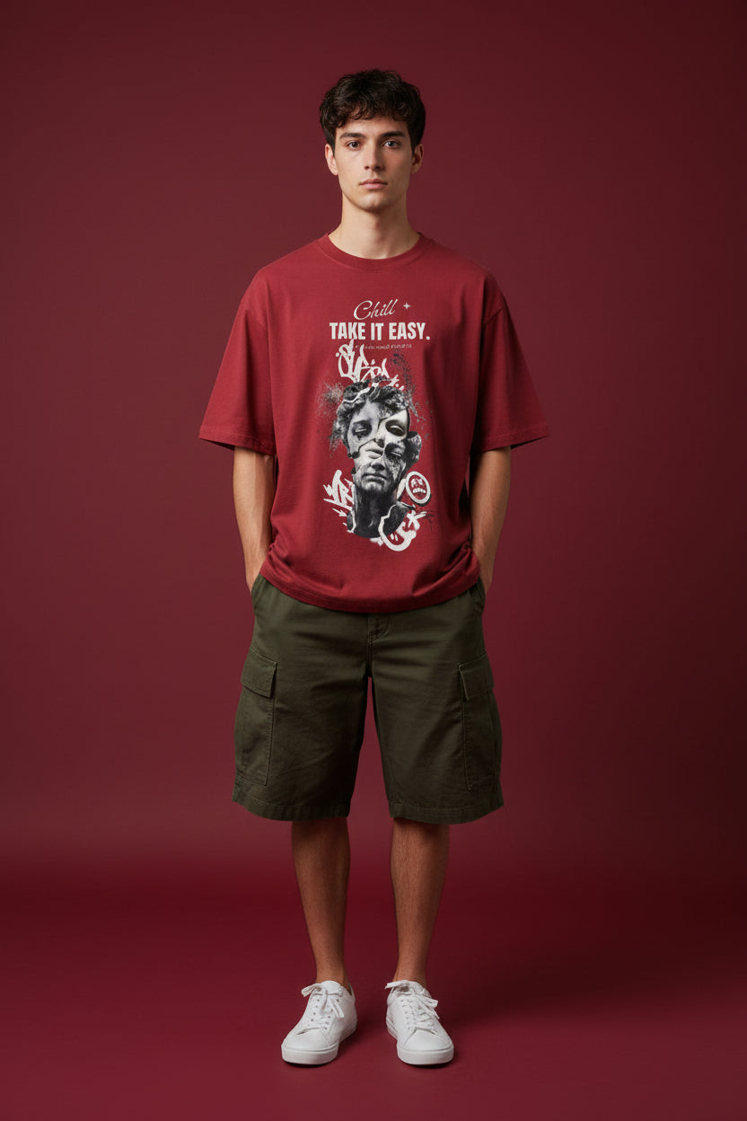 ZotRage red oversized cotton t-shirt featuring a graphic print of a classical statue head and graffiti text