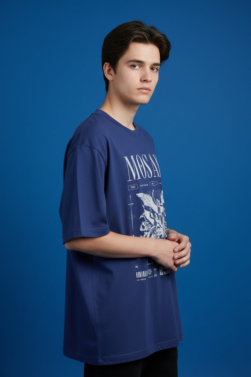 ZotRage royal blue oversized cotton t-shirt featuring a white graphic print of an angel and vintage typography.