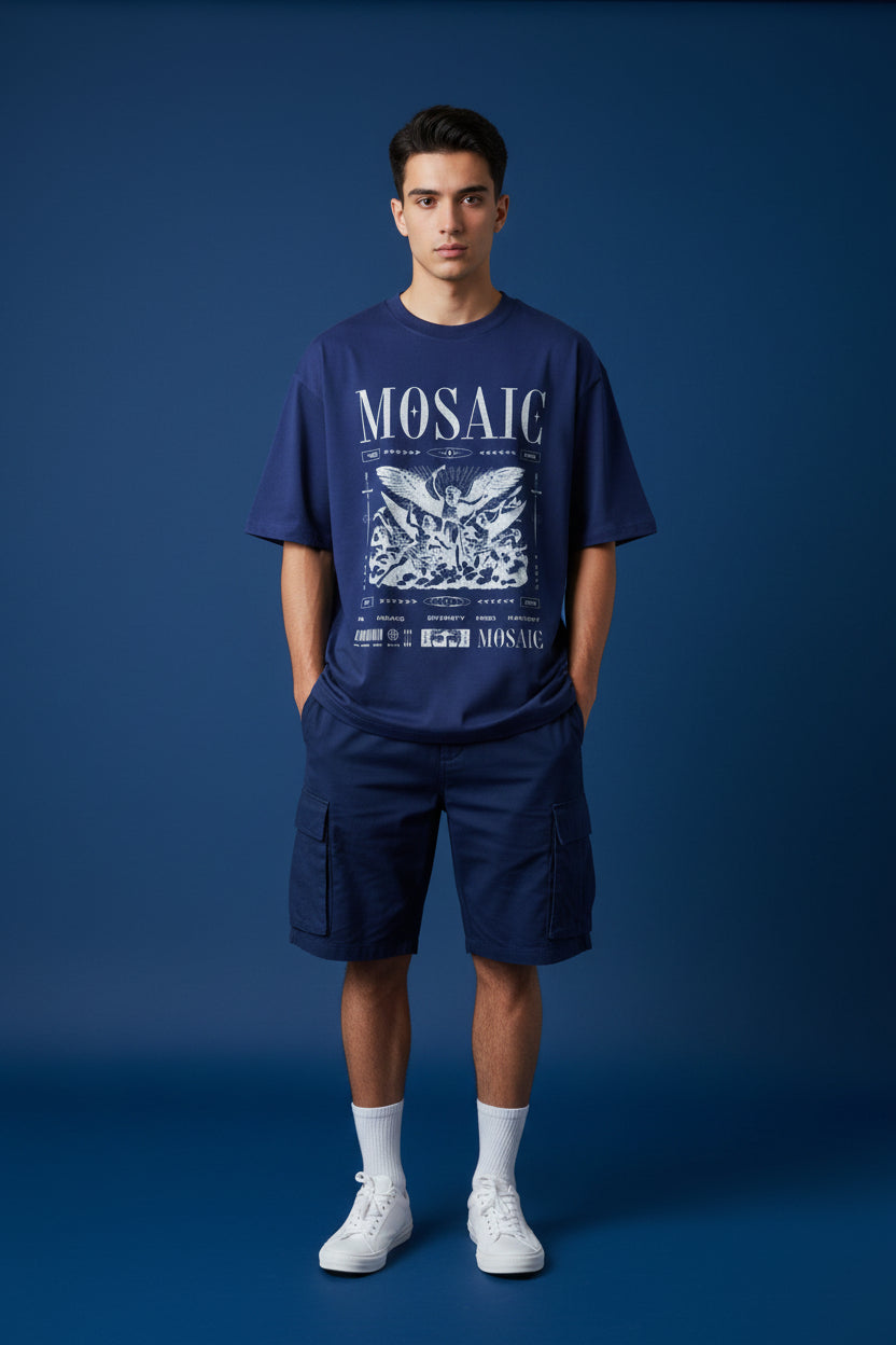 ZotRage royal blue oversized cotton t-shirt featuring a white graphic print of an angel and vintage typography.