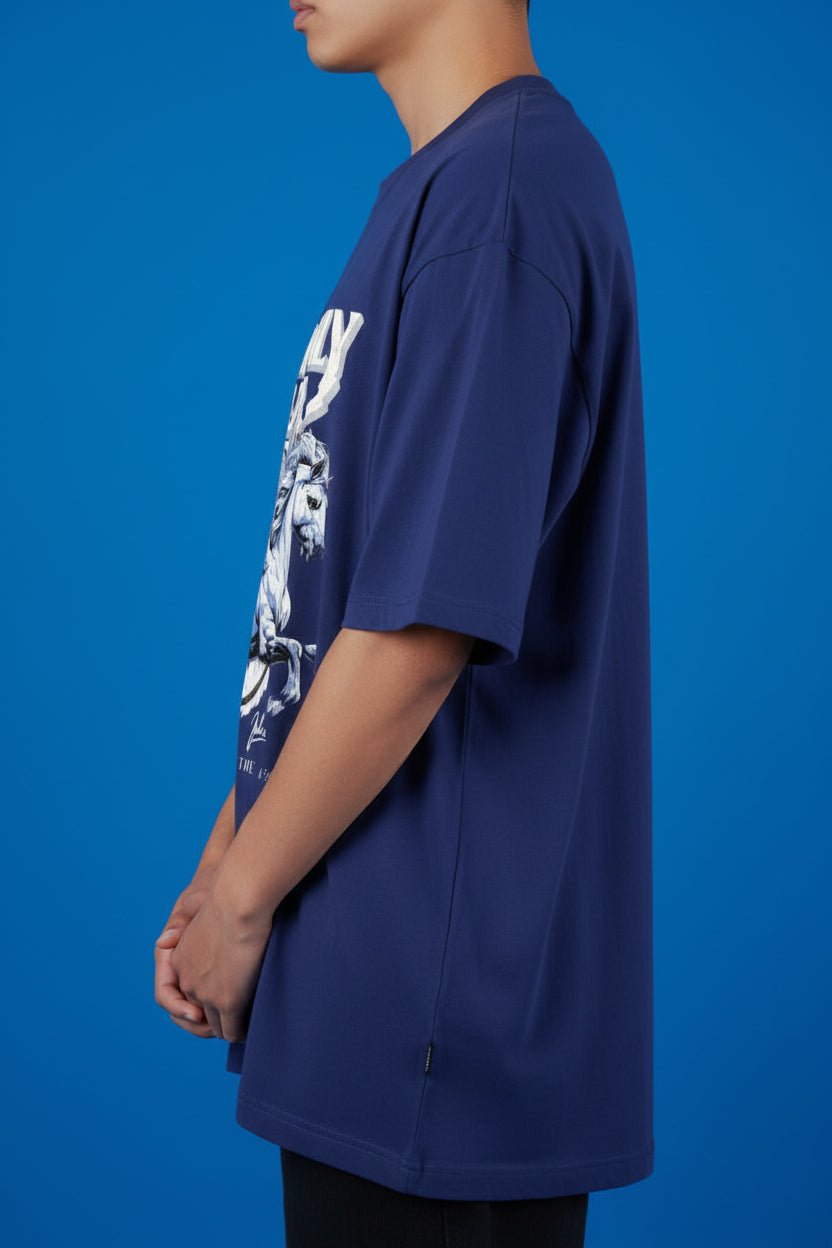 ZotRage royal blue oversized cotton t-shirt featuring a white graphic print of a winged horse and Heavenly Blaze text.