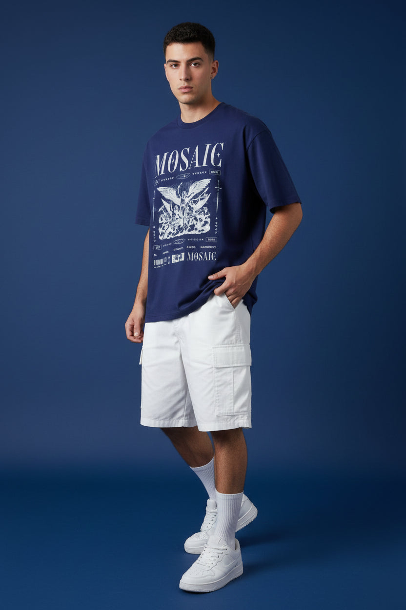 ZotRage royal blue heavyweight cotton oversized t-shirt with white graphic print featuring winged figures and text.