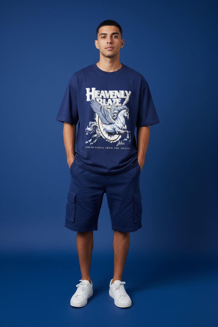 ZotRage royal blue oversized cotton t-shirt featuring a white graphic print of a winged horse and Heavenly Blaze text