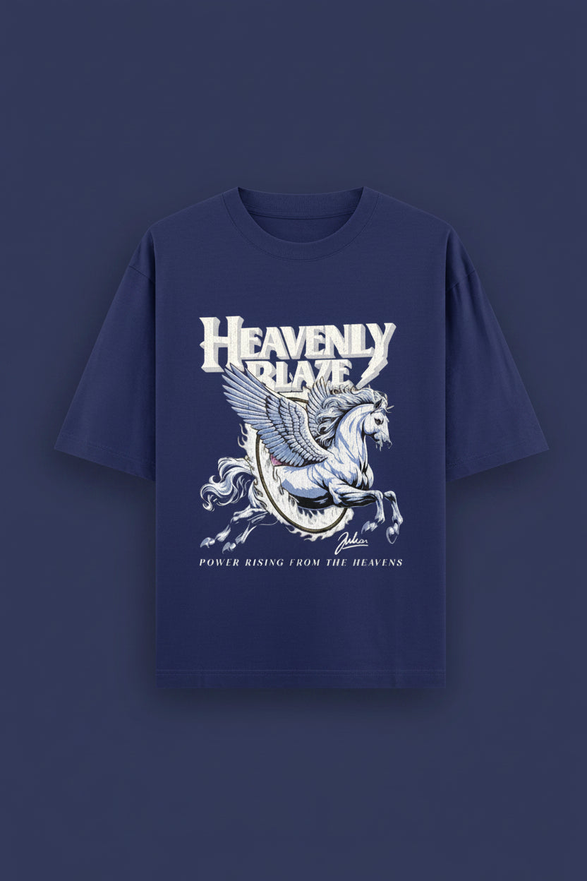 ZotRage royal blue oversized cotton t-shirt featuring a white graphic print of a winged horse and Heavenly Blaze text.