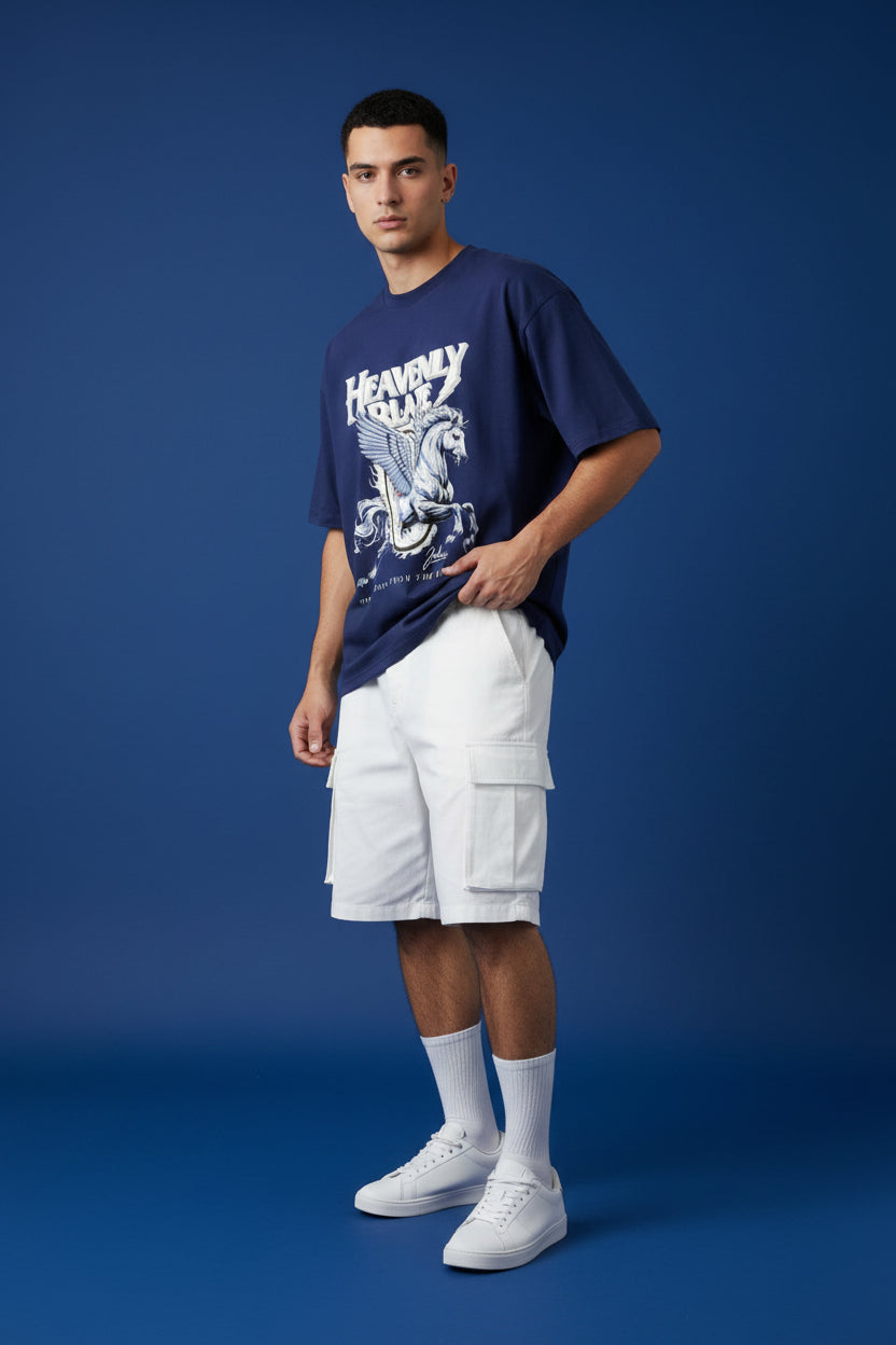ZotRage royal blue oversized cotton t-shirt featuring a white winged horse graphic and Heavenly Blaze text print.