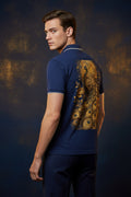 ZotRage royal blue cotton polo shirt featuring a detailed gold peacock illustration on the back