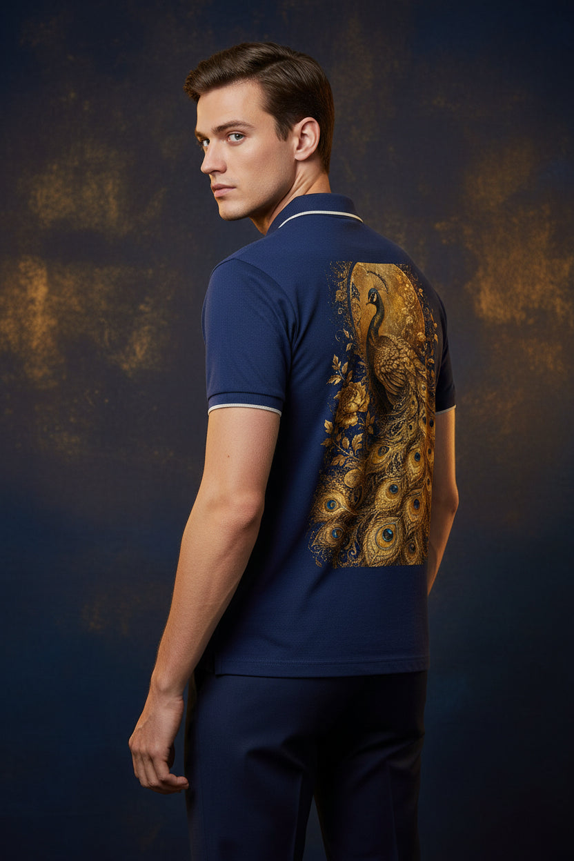 ZotRage royal blue cotton polo shirt featuring a detailed gold peacock illustration on the back