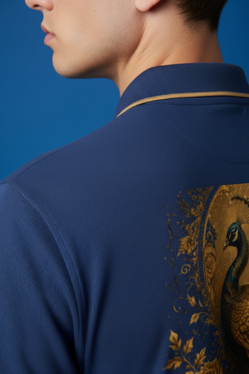 ZotRage royal blue cotton polo shirt featuring a detailed gold peacock illustration on the back