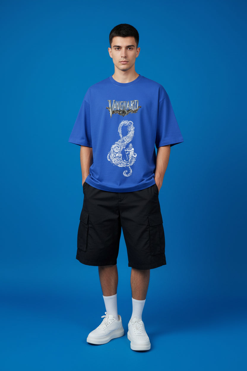 ZotRage royal blue oversized t-shirt featuring a white graphic of a sea god and the Vanguard logo