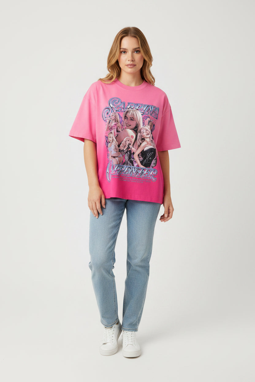 ZotRage pink boxy fit t-shirt featuring a Sabrina Carpenter graphic print with sunfade ombre wash effect