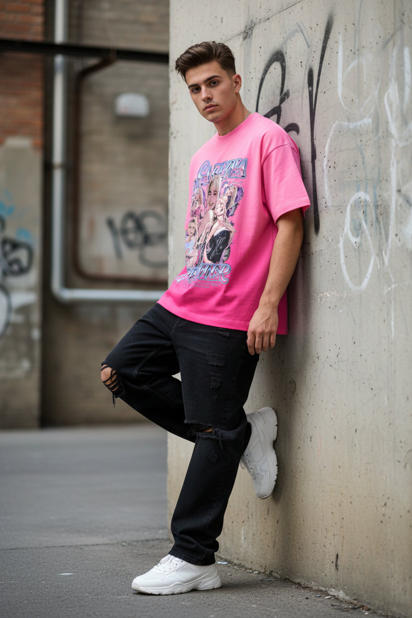 ZotRage pink boxy fit t-shirt featuring a Sabrina Carpenter graphic print with sunfade ombre wash effect