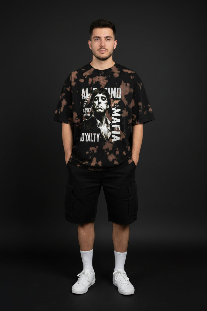 ZotRage oversized brown and black tie-dye cotton blend t-shirt featuring a Scarface graphic print