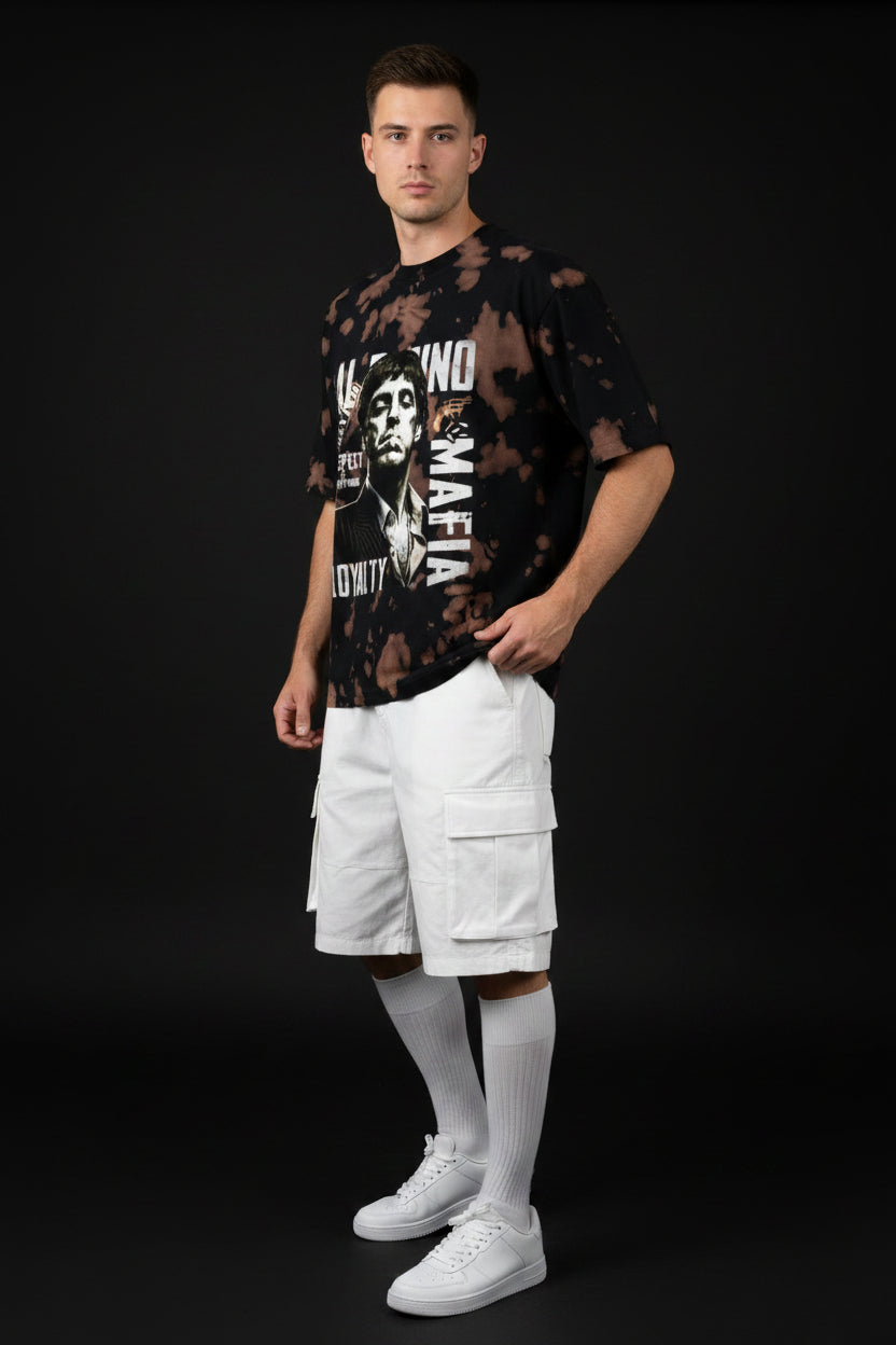 ZotRage brown and black tie-dye oversized cotton-blend t-shirt featuring a Scarface graphic print