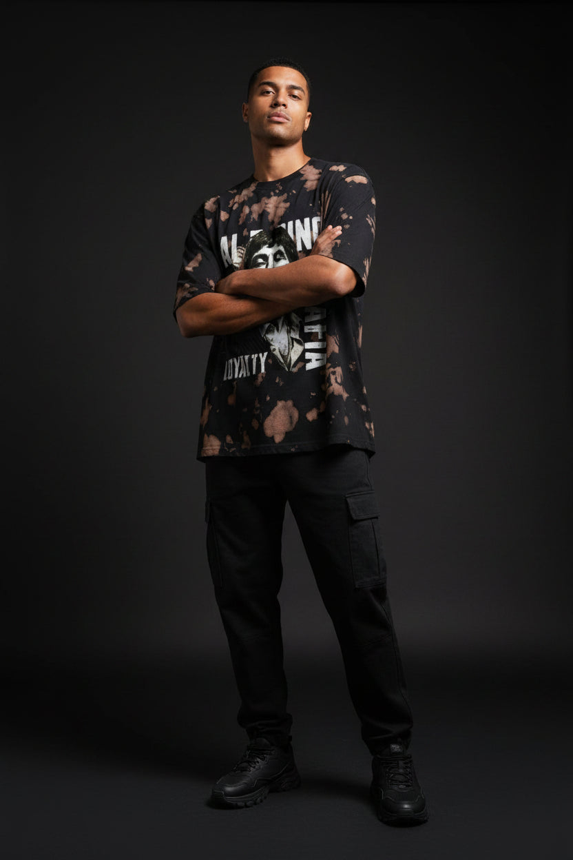ZotRage brown and black tie-dye oversized cotton-blend t-shirt featuring a Scarface graphic print