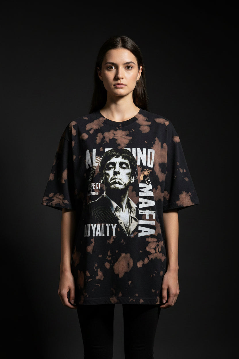 ZotRage brown and black tie-dye oversized cotton-blend t-shirt featuring a Scarface graphic print