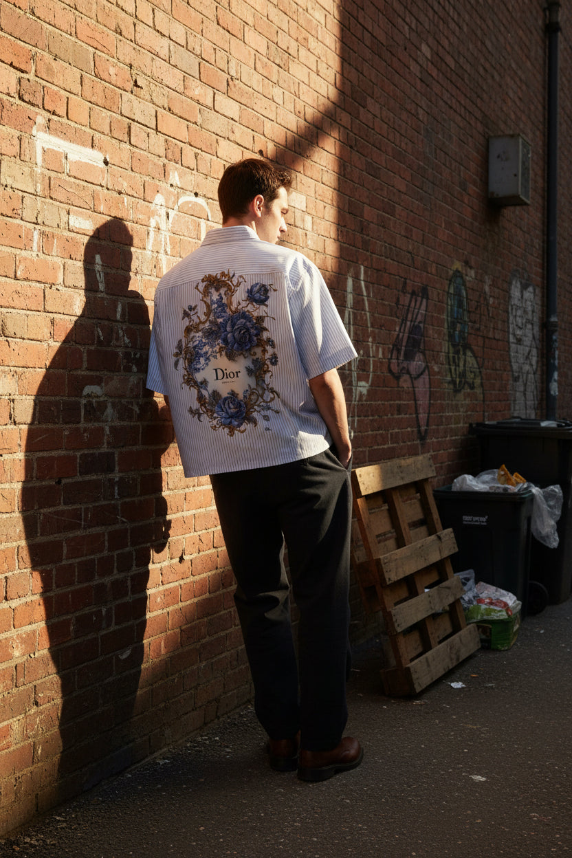 ZotRage boxy short-sleeve shirt in white with blue stripes featuring a floral vase graphic print on the back