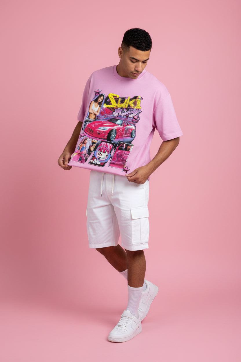 ZotRage Suki baby pink oversized t-shirt featuring a Y2K-inspired graphic print with a pink sports car and anime art.