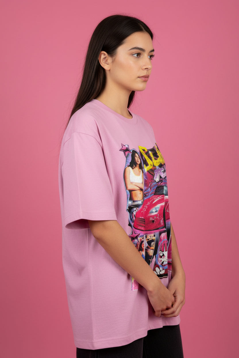 ZotRage Suki baby pink oversized t-shirt featuring a Y2K-inspired graphic print of a pink sports car and anime art.
