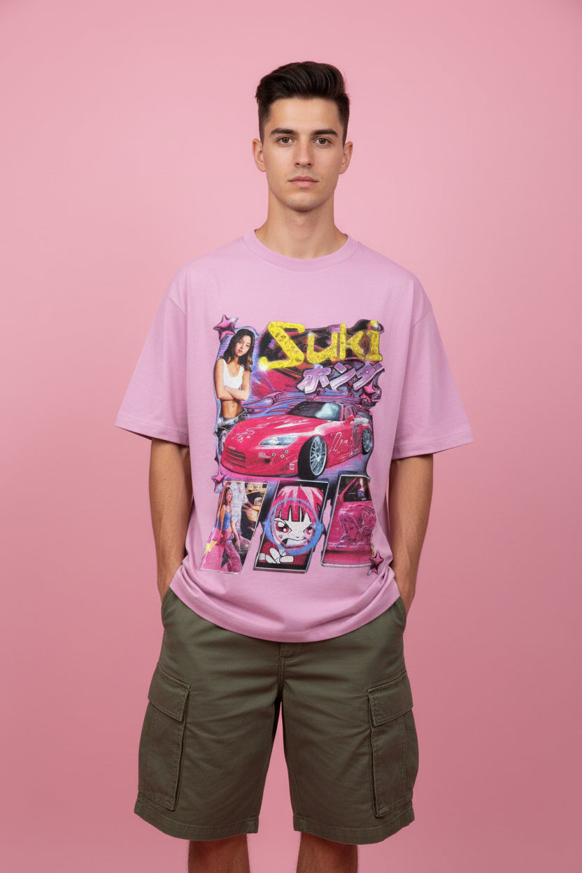 ZotRage Suki baby pink oversized t-shirt featuring a Y2K-inspired graphic print of a pink sports car and character.