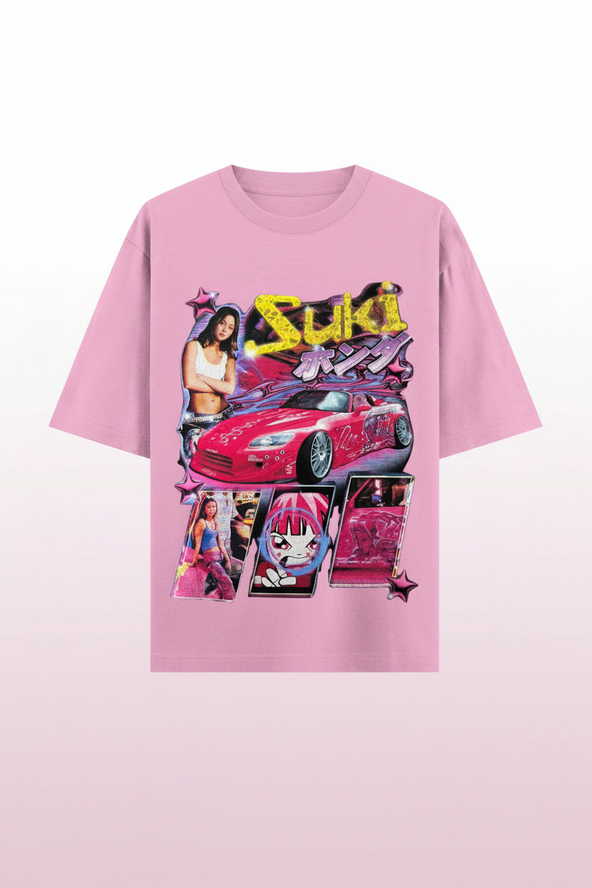 ZotRage Suki baby pink oversized t-shirt featuring a Y2K-inspired graphic print with a sports car and anime art.