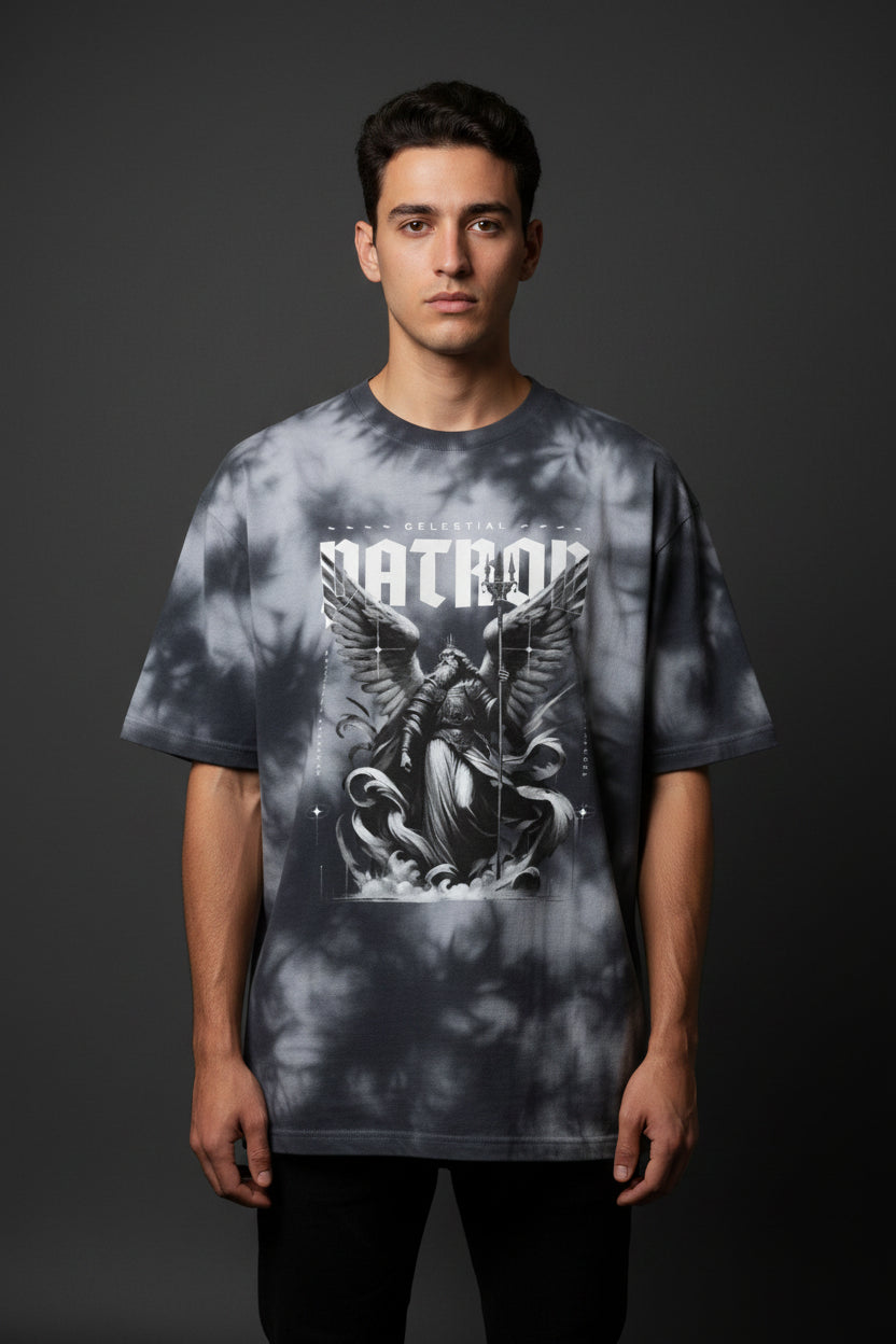 ZotRage oversized black and white tie-dye cotton blend t-shirt with a celestial archangel graphic print