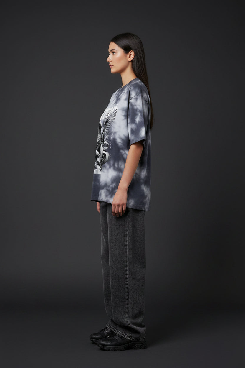 ZotRage oversized unisex t-shirt in black and white tie-dye cotton blend with a celestial archangel graphic print