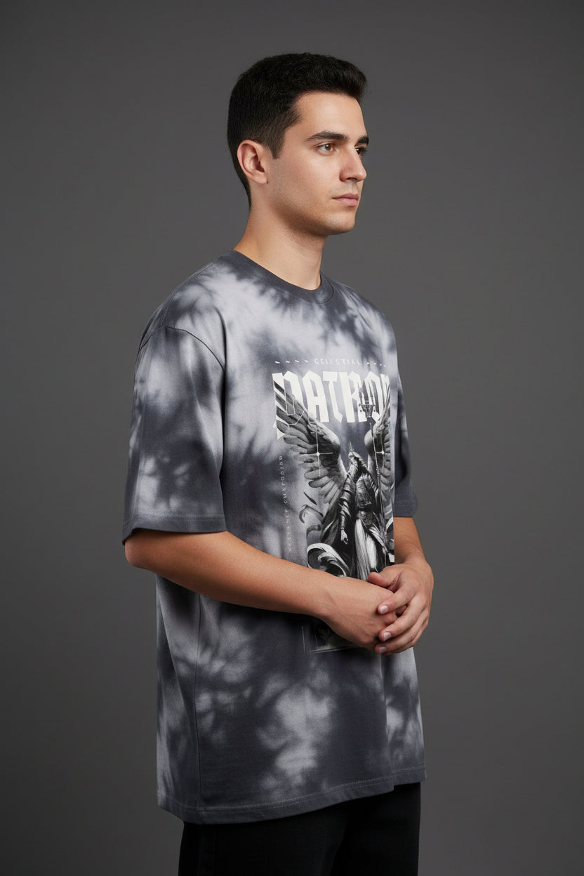 ZotRage oversized unisex t-shirt in black and white tie-dye with a celestial archangel graphic print on the front.