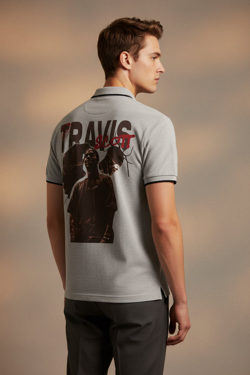 ZotRage grey melange cotton polo shirt featuring a Travis Scott graphic print on the back with a textured finish