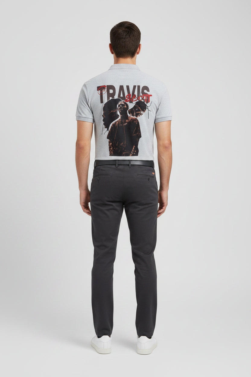 ZotRage grey melange cotton polo shirt featuring a Travis Scott graphic print on the back with a textured finish