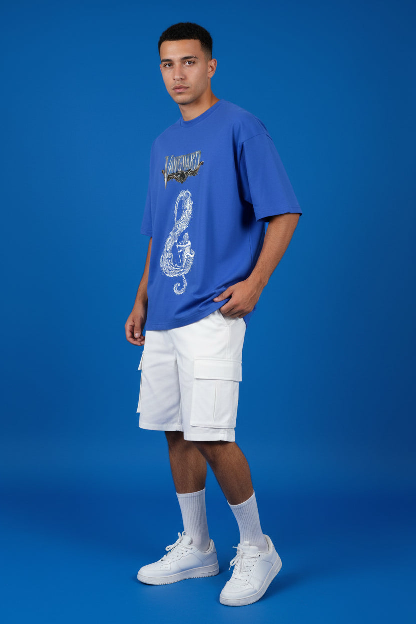 ZotRage Vanguard royal blue oversized t-shirt with a white graphic print of a sea god and swirling waves