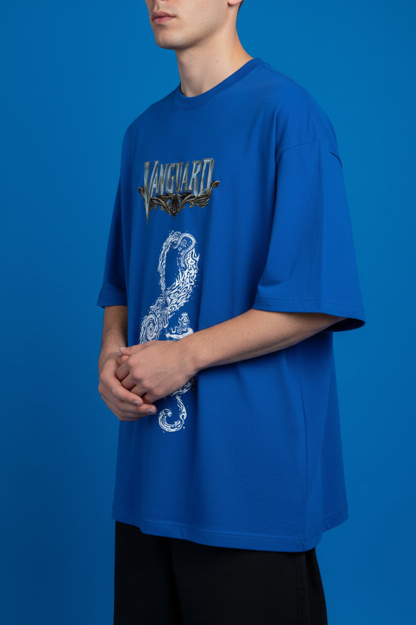 ZotRage royal blue oversized t-shirt featuring a white graphic of a sea god and the Vanguard logo