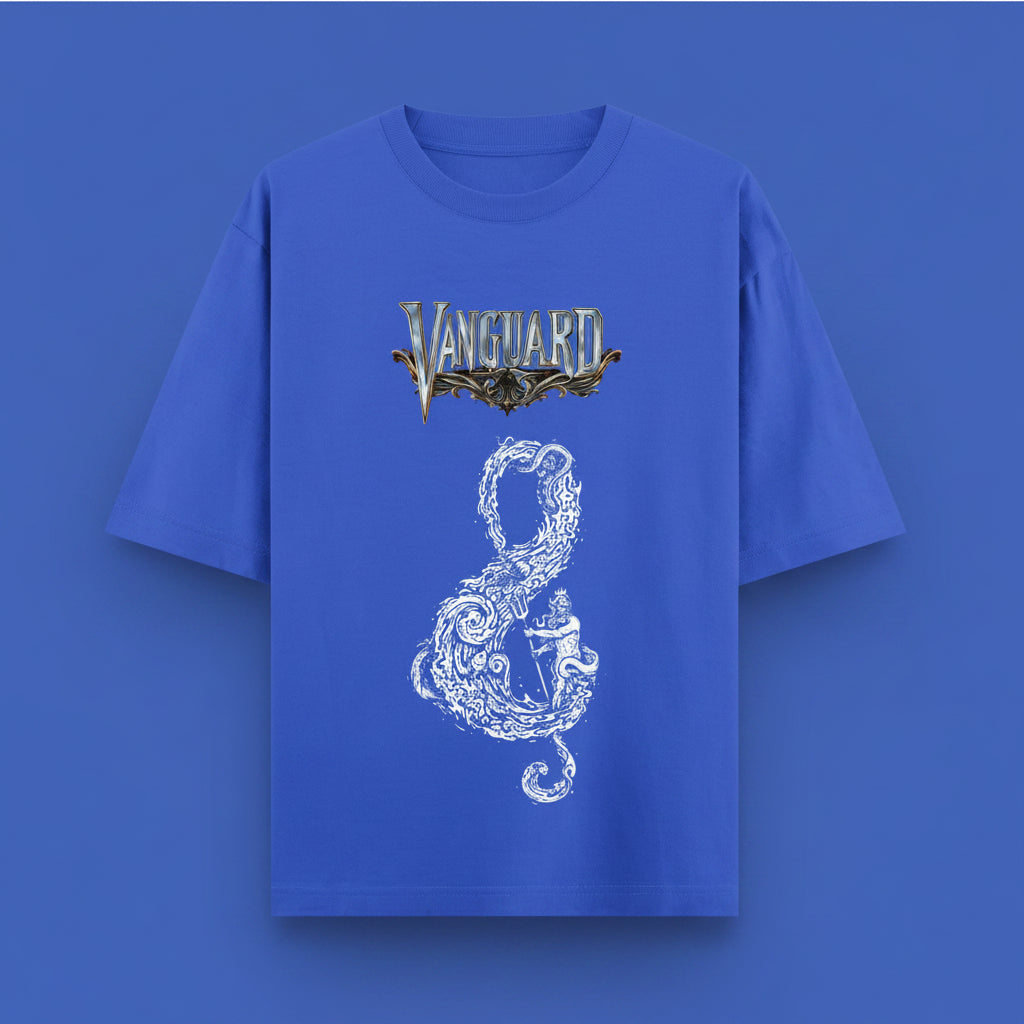 ZotRage royal blue oversized t-shirt featuring a white graphic of a sea god and the Vanguard logo